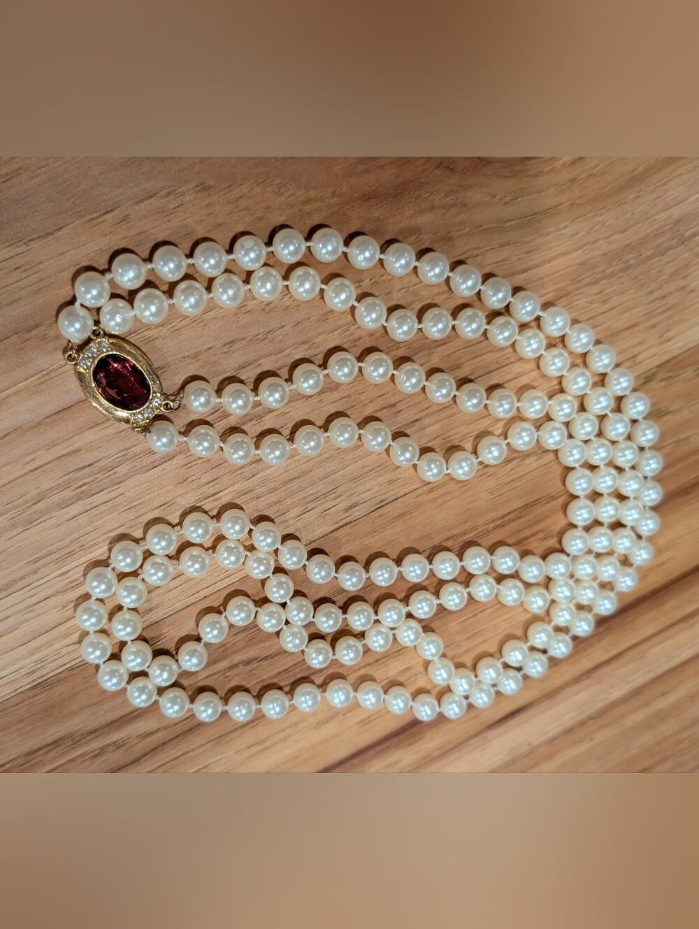 Elegant White Pearl Double Strand Necklace Has Gold Clasp With Deep Pink Stone